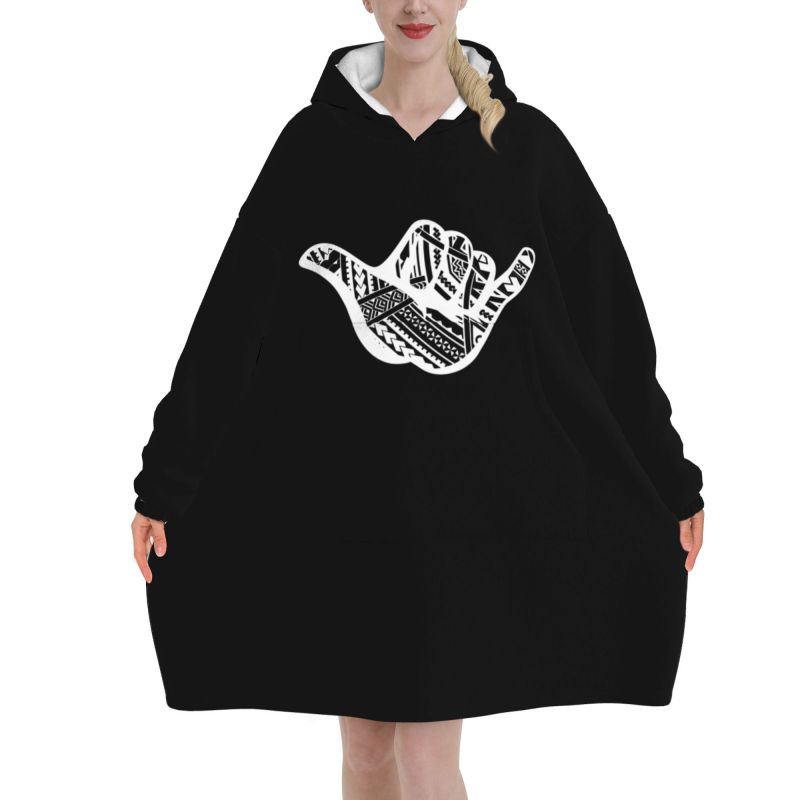 Sherpa Hoodie Fleece - البولينيزية الوشم شاكا القبلية طباعة بطانية